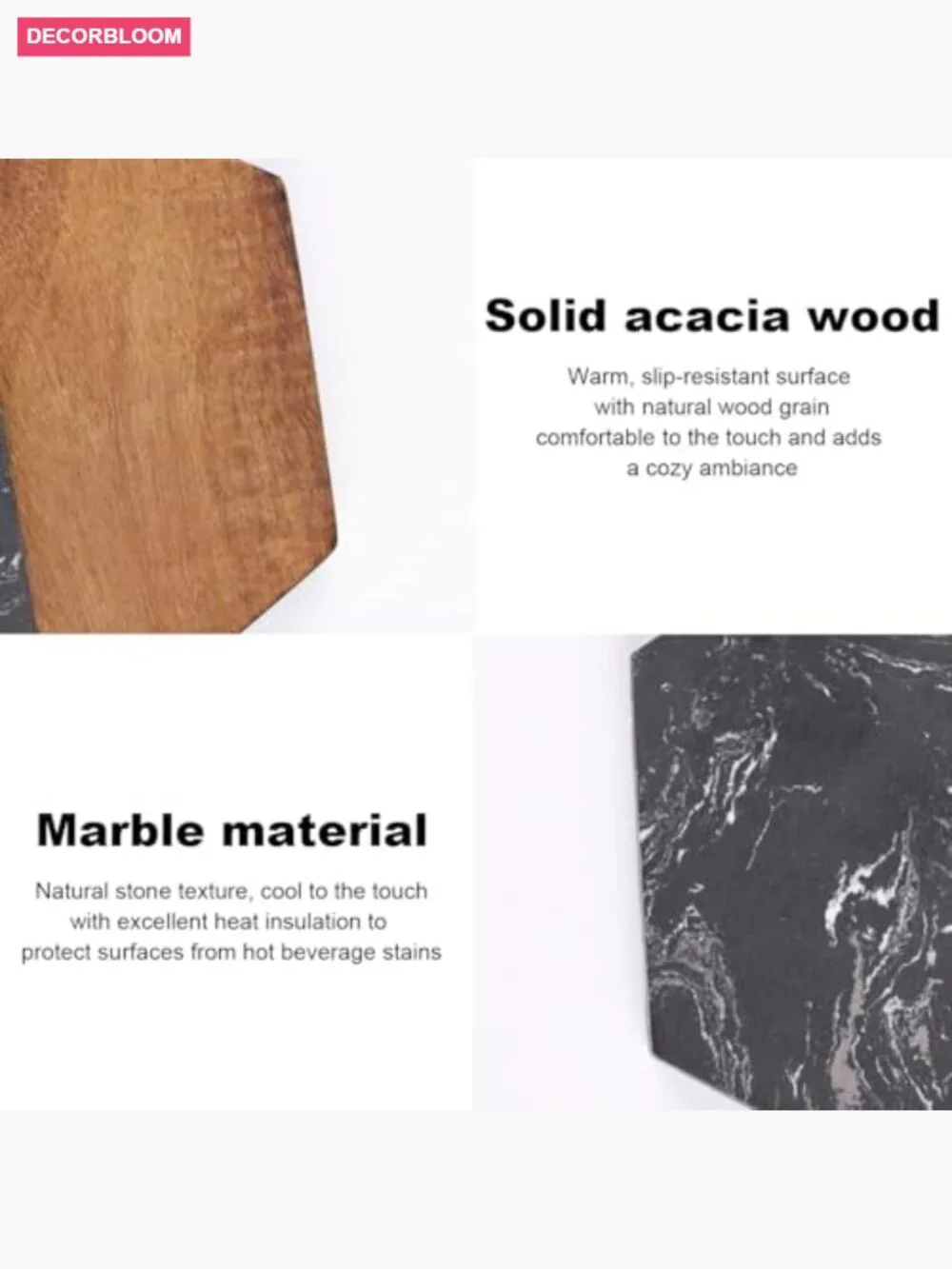 Marble Wood Coasters Set of 4 - Hexagonal Drink Coasters for Coffee Table